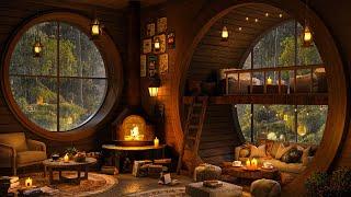 Cozy Hobbit Coffee Shop  Rainy Day at Dreamy Forest with Fireplace For Relax, Study and Sleep