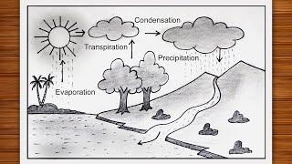 How to draw a water cycle easy step by step, Water cycle diagram drawing for beginners