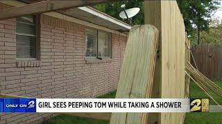Girl sees peeping Tom while taking a shower