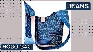 Hobo bag with imitation boro and sashiko on a sewing machine from old jeans