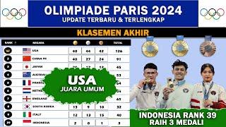 Klasemen Akhir Perolehan Medali Olimpiade Paris 2024 - USA Juara Umum   Indonesia Raih 3 Medali