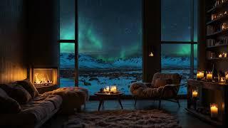 Relaxing Winter Northern Lights Ambience | Peaceful Music with Crackling Fire and Light Snowfall