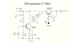 AM transmitter at 27 MHz on a transistor 2222. Output power 300 mW