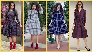 Check Print Cotton Casual ALine Frocks Designs 2021/Check Print Skater Dresses/Summer Frock Ideas