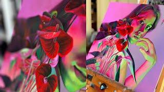 ASMR Oil Painting in real time. How I painted Portrait with flowers. Realistic Art in Neon Light