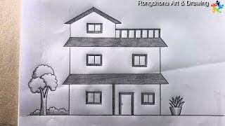 Beautiful Building House || Pencil Drawing || Very Easy || Cute