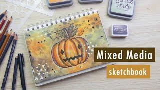 Halloween Pumpkin - Mixed Media Sketchbook Page - Pink Pig