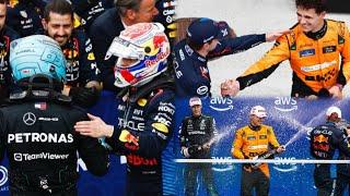 Lando Norris & George Russell congratulate Max Verstappen after win | Podium behind the scenes