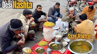 DESI PUNJABI BREAKFAST WITH TRADITIONAL TWIST | HAMMAD SAAG MAKHAN MISSI ROTI DESI NASHTA FAISLABAD