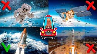 Puzzle game space transport for kids. Educational video about space for children