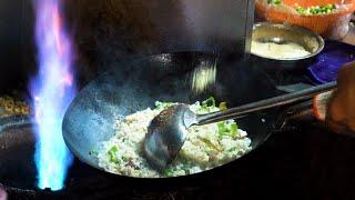 Chinese Street Food -Night market flame egg fried rice , net red fried chicken fillet