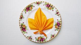 Easy napkin folding. Maple leaf for Thanksgiving table setting.