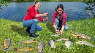 Successful Fishing! Fried Fresh Crucian Carp in Oil and Quails in Tandoor