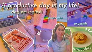 Vlog de um dia produtivo em Inglês (com legenda)! Study vlog| that girl| livro, treino - Hello Belah