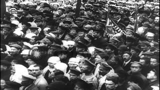 Bolshevik Leaders harangue public in Russia. Mikhail kalinin gives speech and min...HD Stock Footage