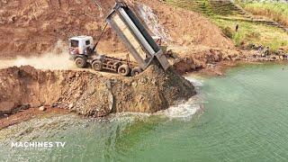 WOW!! Incredible Truck Dumping Skills Riverbank Restoration By Stone and Dirt Use Mini KOMATSU D31P
