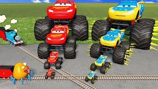 5 MONSTER TRUCKS with Big & Small Lightning McQueen vs Spinner Wheels vs Train Thomas - BeamNG.Drive