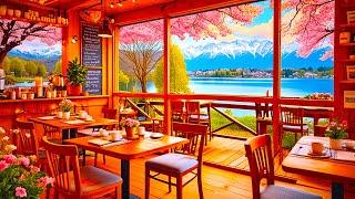 Spring time Lake & Smooth Jazz Instrumental Music at 4K Outdoor Coffee Shop Ambience for Good Mood