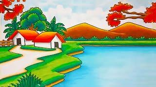 How to draw easy scenery drawing beautiful landscape village scenery step by step / easy drawing