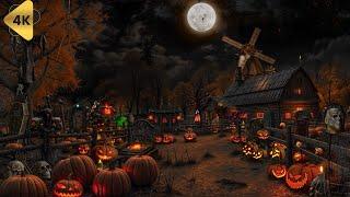 Haunted Pumpkin Farm Halloween Ambience with Relaxing Crackling Fire and Nature Sounds, White Noise