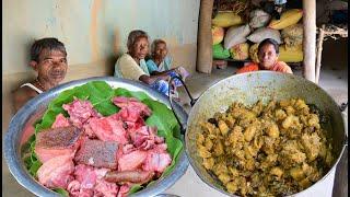 Tribal Style PORK recipe | Pig Meat cooking and eating by Grandmothers | village tribal cooking