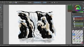 Digital Sumi-e Waterfall - Krita digital painting