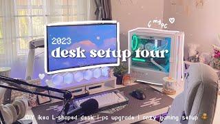 *updated* Desk setup 2023| aesthetic&cozy, rx6600xt w/ R5 2600, white gaming pc, ikea L desk DIY