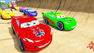 SPIDERMAN McQueen Friends Water SLIDE Ramp Challenge ! SUPERHERO HULK Disney Car MACK TRUCK  - GTA V