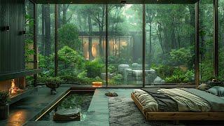 Rain in Cozy Forest Room with Warm Fireplace | Soft Rain in Woods, Birdsong for Sleeping, Relaxing