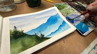 Watercolor journal Day 19 (Easy Blue Mountains using a gradient wash)