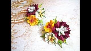 Маленькие цветочки на резинке  из лент канзаши МК / hair clips ribbon kanzashi DIY