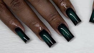 Square Black and Green Airbrushed Aura Acrylic Nail