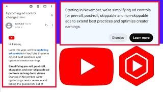 Upcoming ad control changes || YouTube email new update 2023 || Yt Studio notification 2023