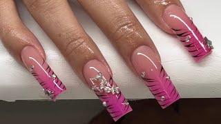 Long Ombré Zebra Print Bling Acrylic Nails