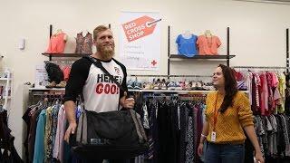 Rugby player Brad Shields stops by a Red Cross Shop