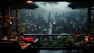 Cyberpunk Futuristic Cityscape in the Rain. Sci-Fi Ambiance for Sleep, Study, Relaxation