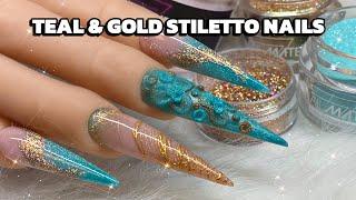 🩵TEAL AND GOLD XL STILETTO ACRYLIC NAILS TUTORIAL🩵