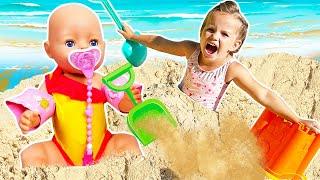 Baby doll Lina stuck in sand! Maya saves Lina | Outdoor games with sand, toys & dolls.