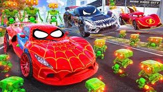 Epic Hero Cars Battle: Spiderman Car, Venom, Flash Save the City from Evil Robot Attacks! Cars Movie