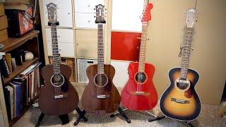 Guild M-20, M-120, M-240E Troubadour, and Fender Malibu Classic Comparison - Concert size guitars