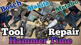 Repairing a bunch of Makita, Bosch and Metabo hammers repairathon, from in instafix to new motors.