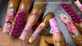 Unique Summer Nails!️| long acrylic application + extra nail art!