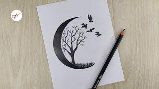 Flying birds and tree creative scenery drawing | Pencil sketch art step by step