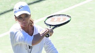 Kyly Clarke and her daughter practise tennis