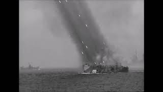 US Navy ships LSM(R) 199 and 194 launch rockets at Okinawa