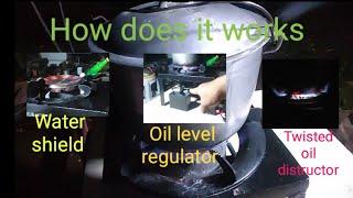 Waste oil stove - paano gumagana ang water shield, oil level reg. at twisted oil distructor.