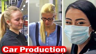 Girls in car production, womens at work in factory