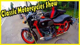 Old and Classic Motorcycles Review. Vintage Vehicles Show "Old Car Land" 2018.