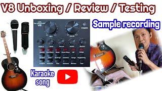 V8 sound card - Unboxing, review, testing, sample recording with guitar and YT karaoke - ENGLISH