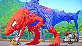 SPIDERMAN KING SHARK MEGALODON VS VENOM VS GODZILLA Dinosaurs Fight - Jurassic World Evolution